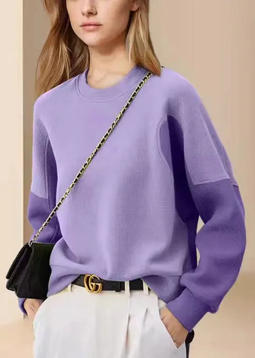 Purple O Neck Patchwork Cotton Sweatshirt Fall