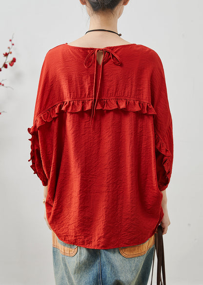 Red Loose Cotton Tops Ruffled Summer Batwing Sleeve