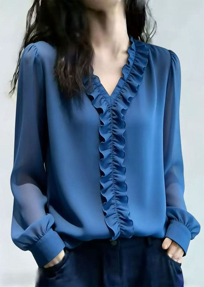 Italian Blue Ruffled Patchwork Chiffon Tops Spring