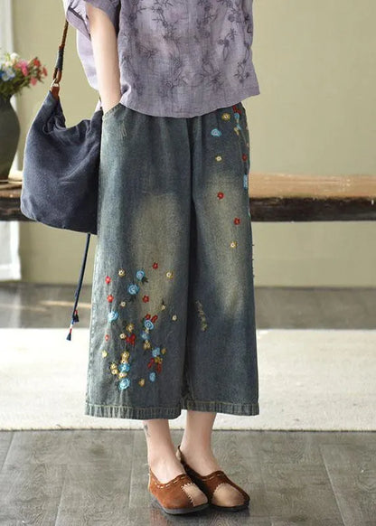 Comfy Dark Color Embroidered Hole Wide Leg Denim Pants