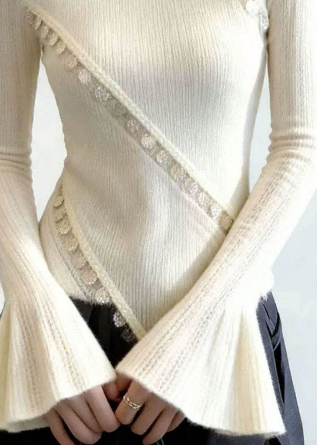 French White O Neck Patchwork Knit Sweater Top Flare Sleeve