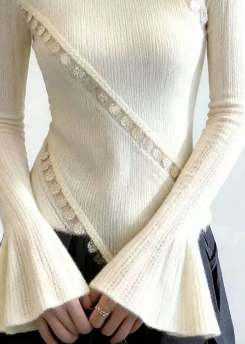 French White O Neck Patchwork Knit Sweater Top Flare Sleeve