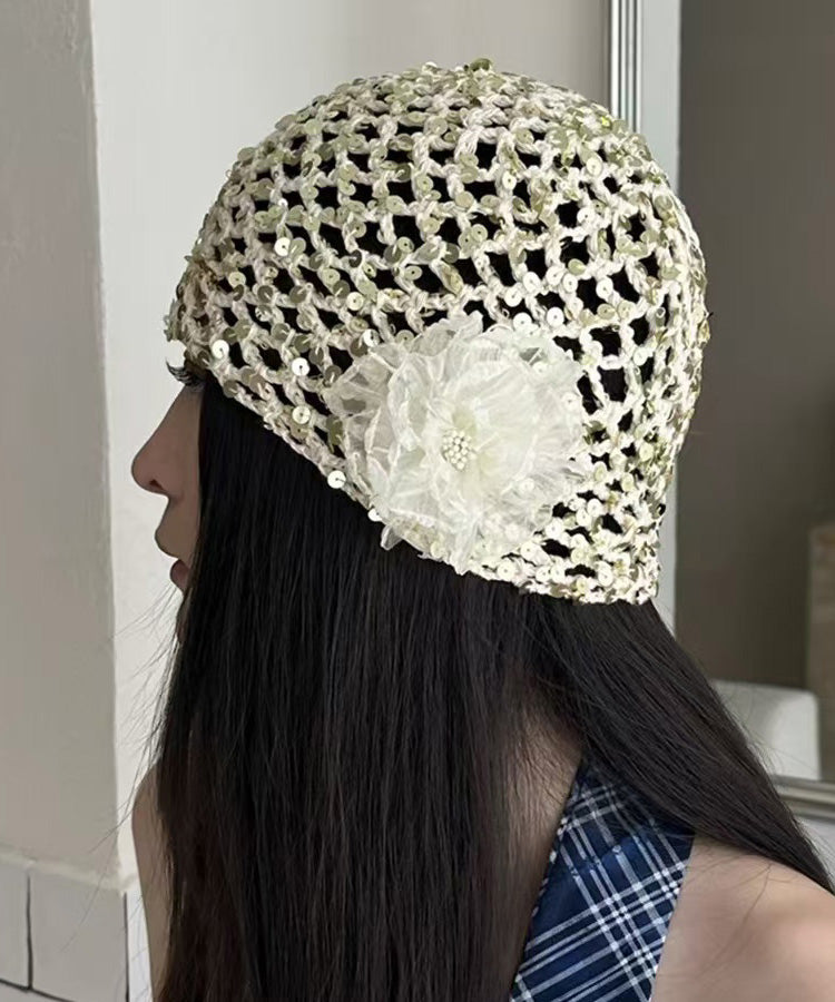 Summer New Hollow Out Sequin White Flower Knitted Boonie Hat
