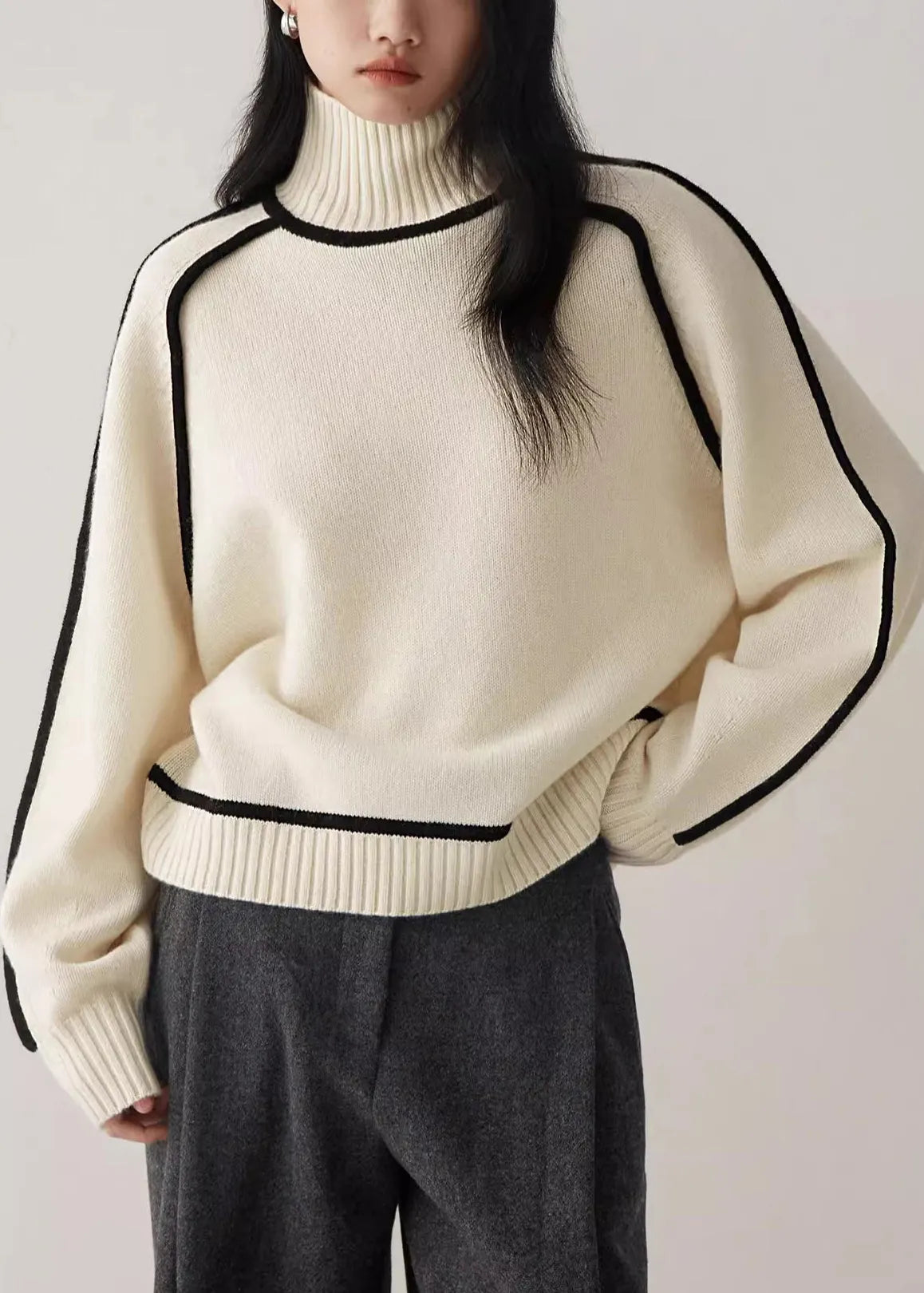 Beige Turtleneck Cozy Patchwork Knit Sweater Spring