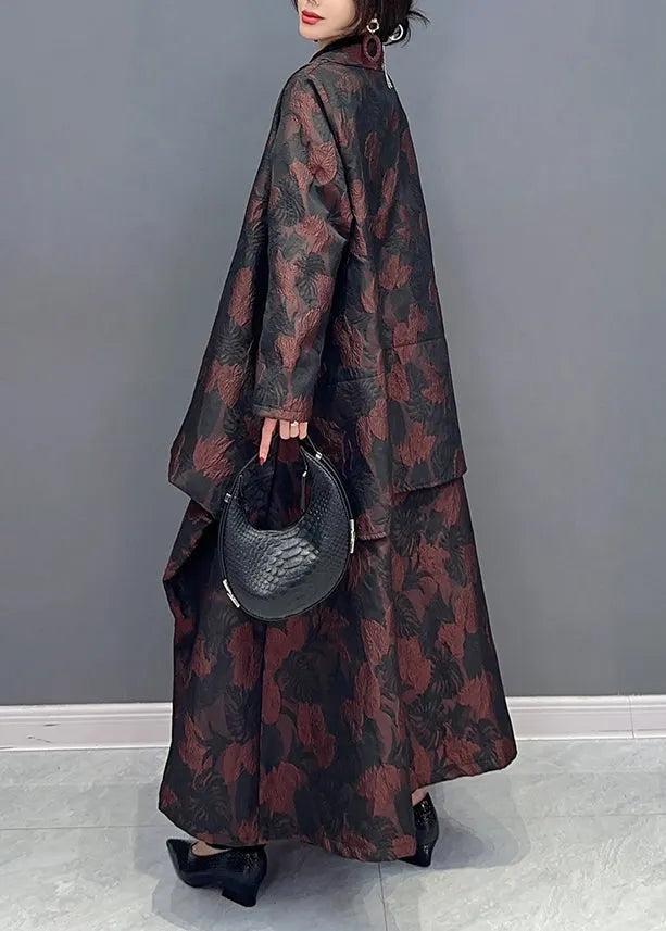 Brown Asymmetrical Jacquard Patchwork Cotton Cardigan Fall