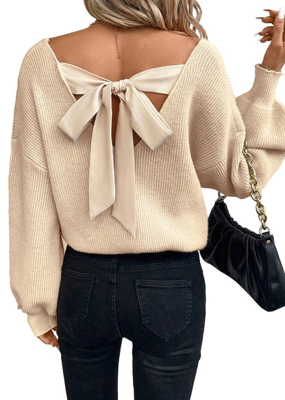 Apricot V Neck Bow Lace Up Knit Sweaters Fall