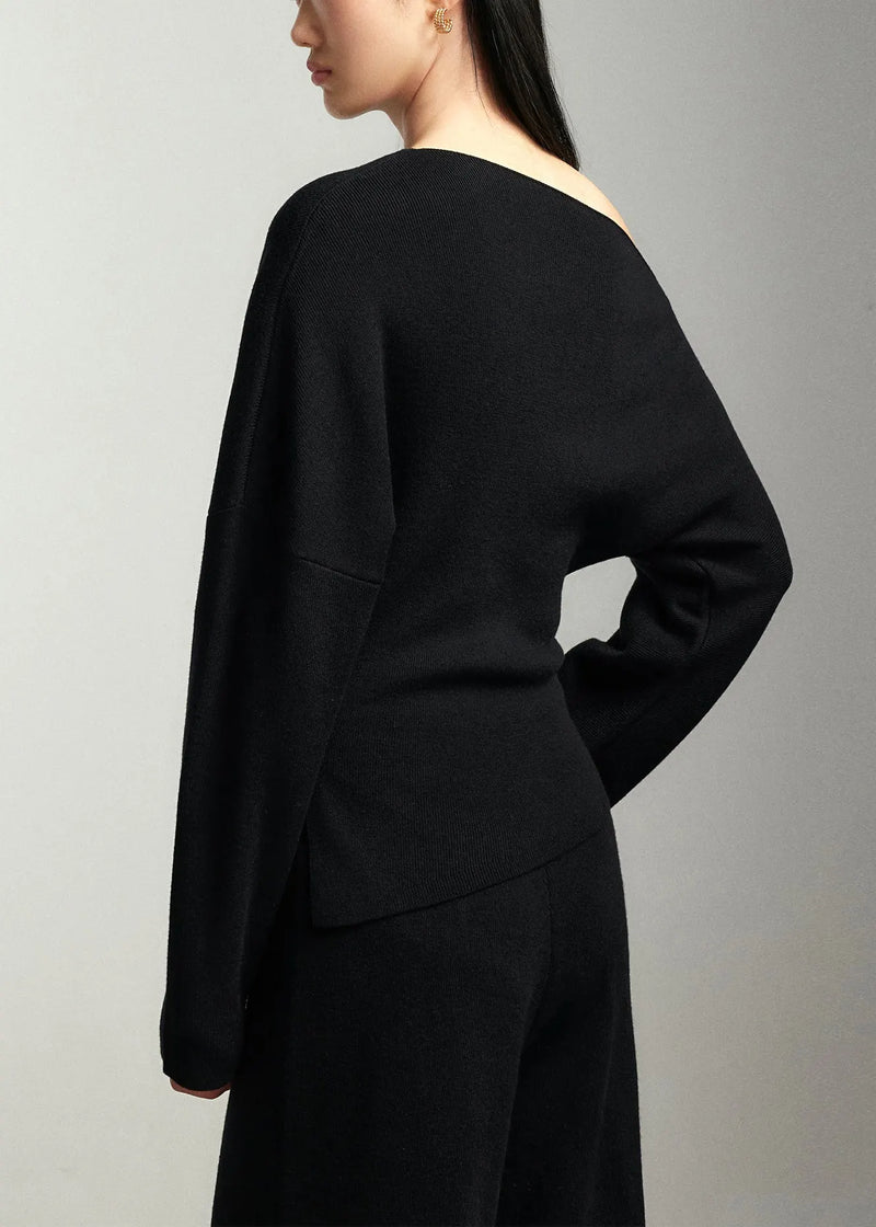 Black Slash Neck Woolen Sweaters Batwing Sleeve