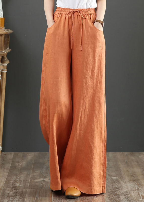 Orange-print2 Elastic Waist Linen Straight Pants Color Drawstring Summer