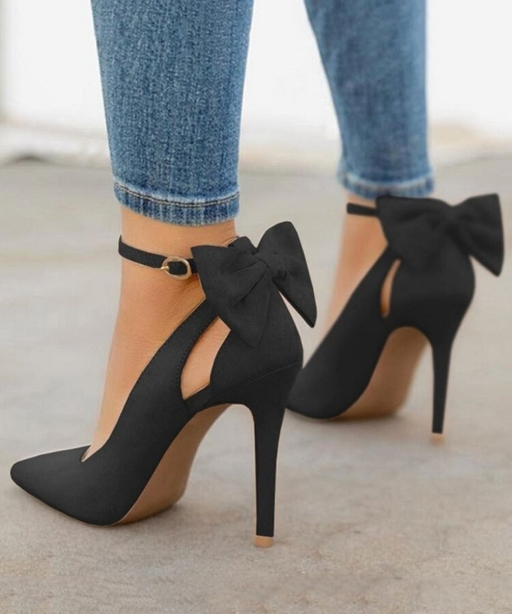 Classy Red Suede Bow Splicing High Heels Pointed Toe