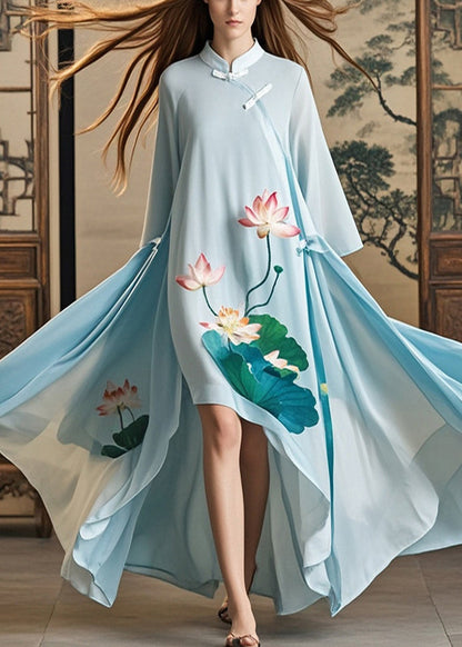 Sky Blue Asymmetrical Lotus Print Chiffon Oriental Dress Fall