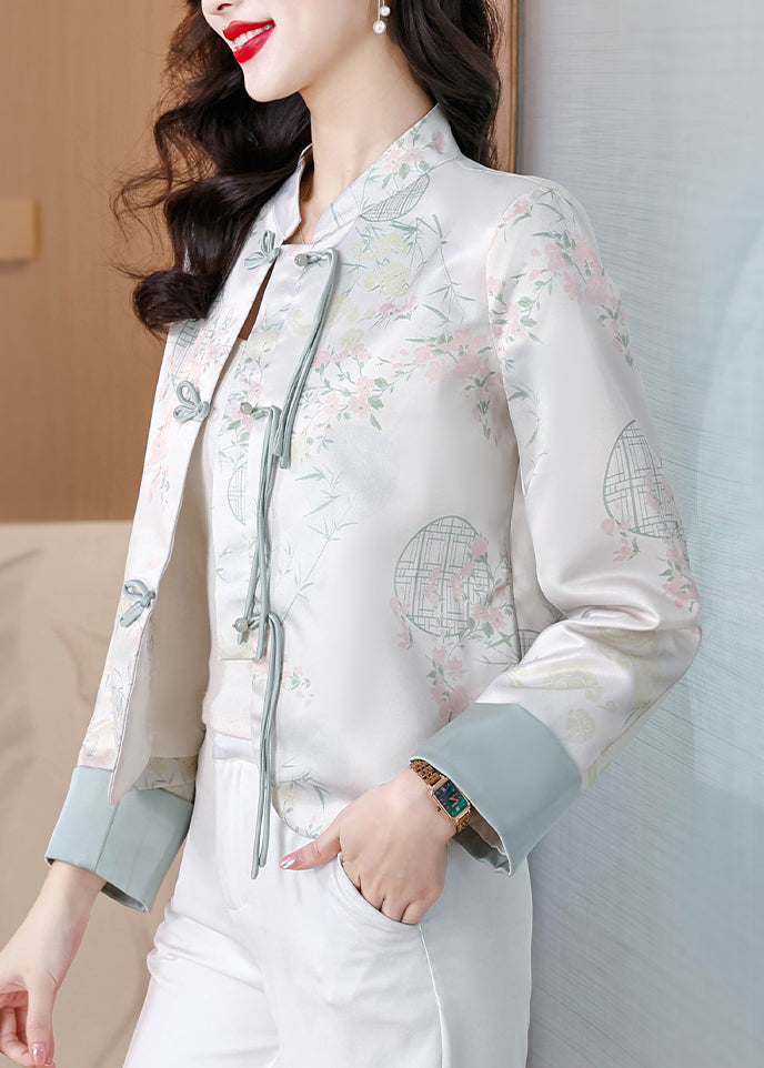 Blue Stand Collar Print Button Silk Coats Fall
