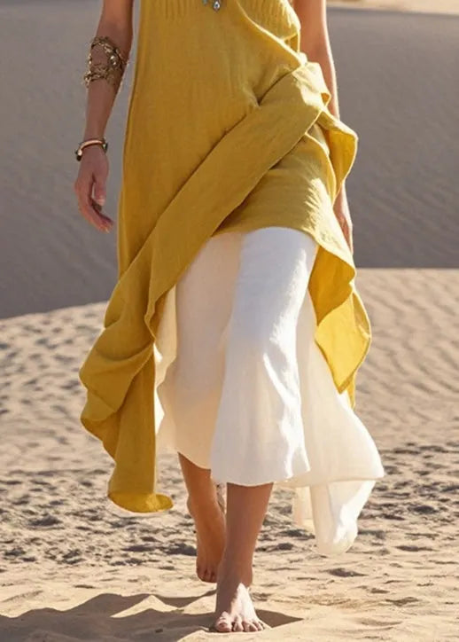 Fine Yellow Asymmetrical Cotton Fake Two Piece Dresses Summer