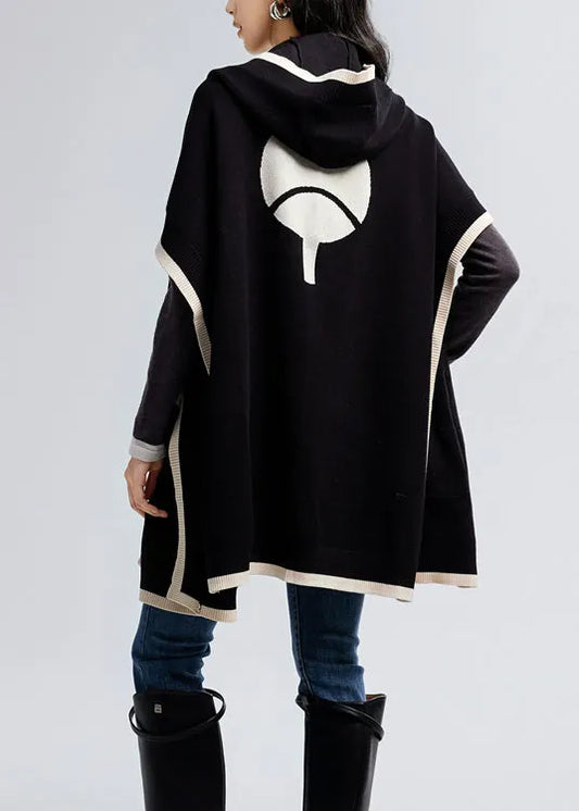 Black Hooded Pockets Knit Loose Cardigan Fall