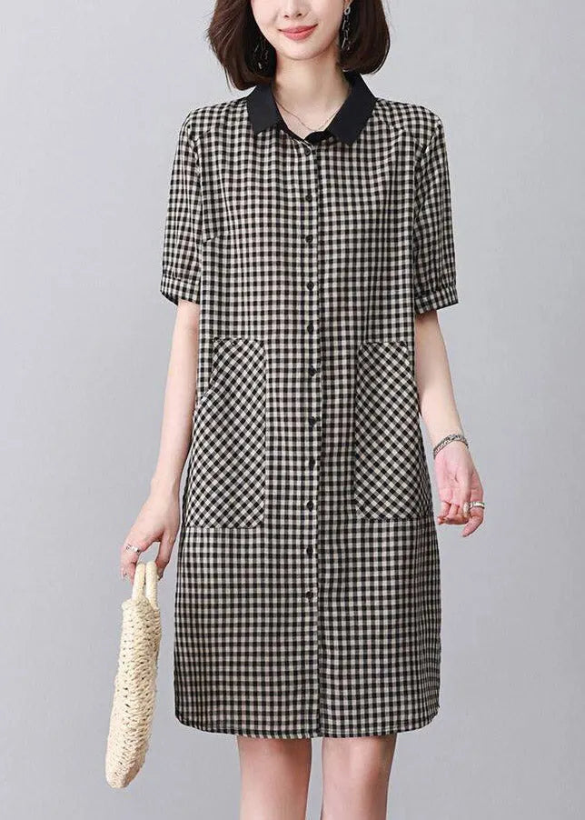 Black Plaid Side Open Mid Dresses Short Sleeve