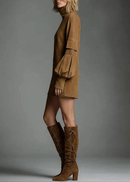 Fine Caramel Hign Neck Patchwork Faux Suede Mini Dress Fall