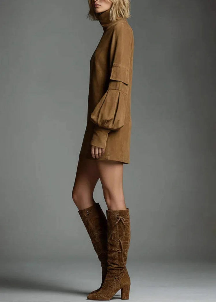 Fine Caramel Hign Neck Patchwork Faux Suede Mini Dress Fall