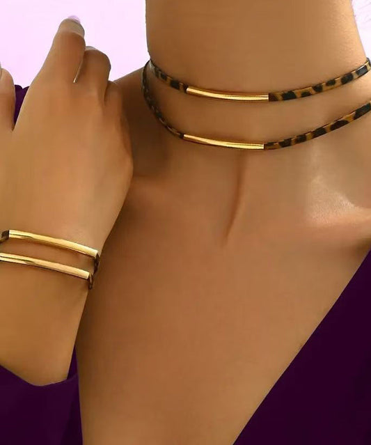 Leopard Copper Alloy Double-layer Necklace and Bracelet Two-piece Set