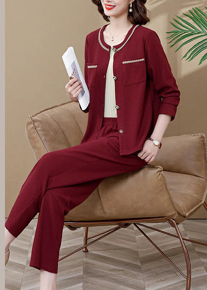 Wine Red O-neck Butto Cardigans and Wide Leg Pants Two Pieces Set Long Sleeve