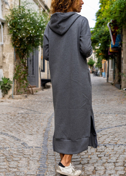Italian Grey Hooded Side Open Warm Fleece Long Dress Fall
