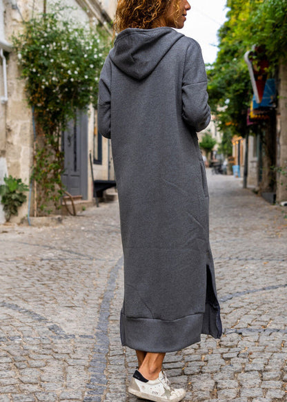 Italian Grey Hooded Side Open Warm Fleece Long Dress Fall