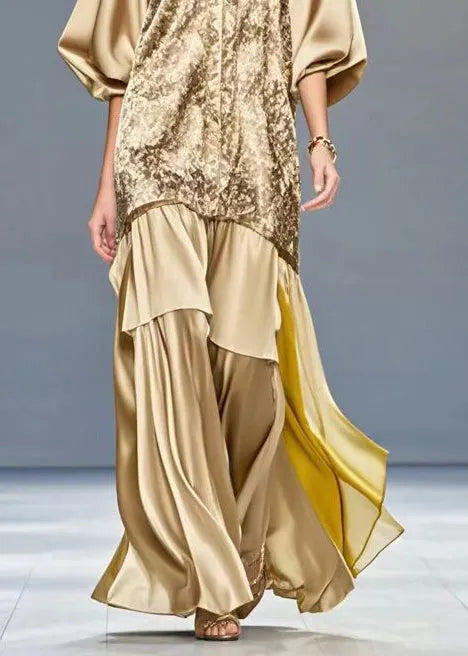 Golden V Neck Patchwork Print Silk Dress Summer