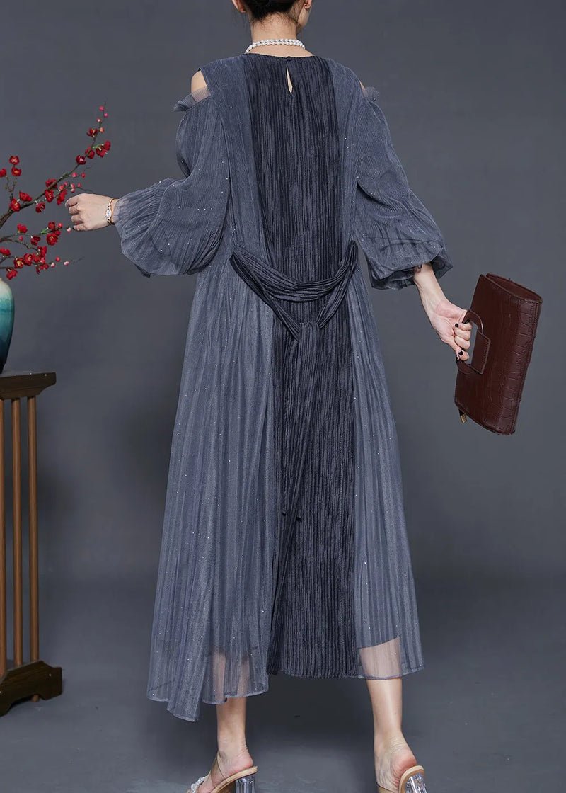Style Grey Cold Shoulder Patchwork Wrinkled Silk Dresses Summer