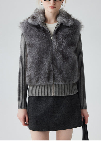 Grey Peter Pan Collar Patchwork Faux Fur Knit Cardigan Winter