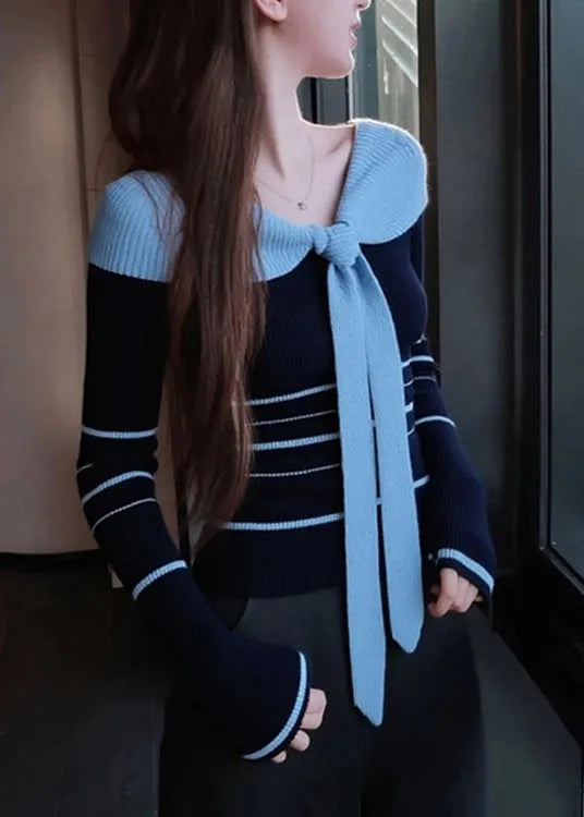 Blue Striped Bow Patchwork Knit Sweater Fall