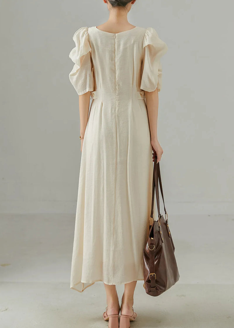 Beige Square Collar Cotton Cinched Dress Puff Sleeve