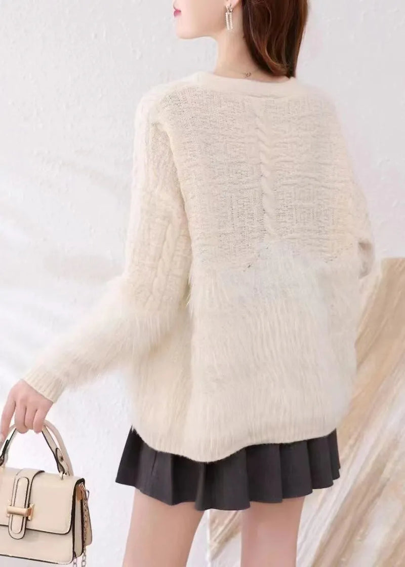 Khaki V Neck Patchwork Mink Hair Knitted Cardigan Fall