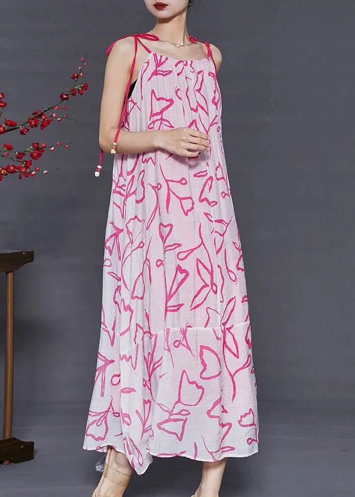 Pink Cold Shoulder Print Chiffoncotton Summer Dress
