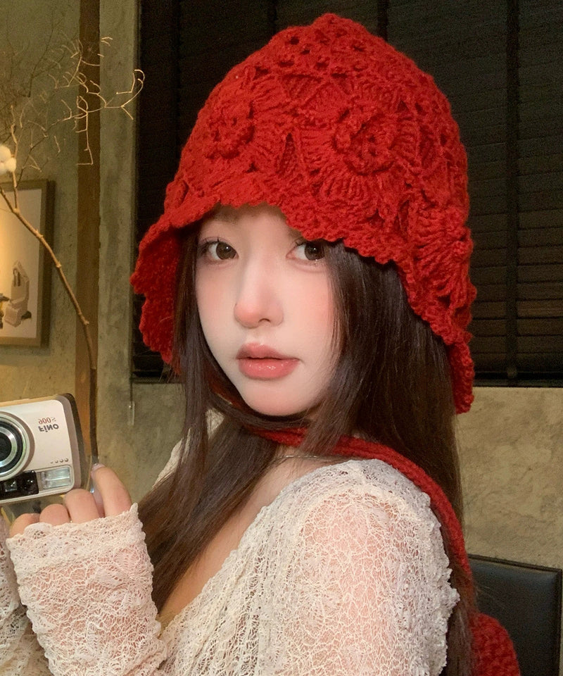Style Red Hollow Knitted Boonie Hat