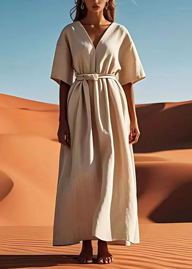 Simple Beige V Neck Tie Waist Linen Dresses Summer