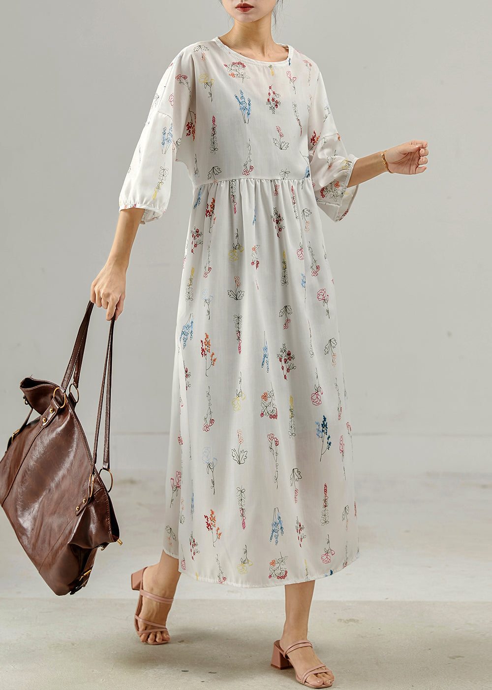 White Oversized Print Cotton Long Dresses Bracelet Sleeve