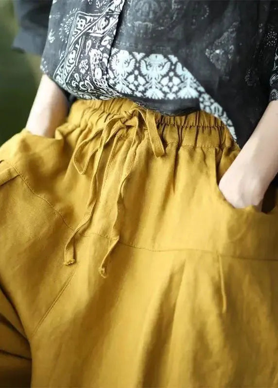 Yellow Pockets Patchwork Elastic Waist Linen Pants Summer