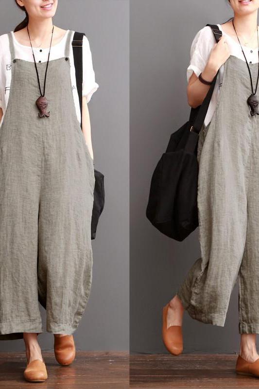 Cotton Linen Sen Department Causel Loose Overalls Big Pocket Maxi Size Trousers Outfits