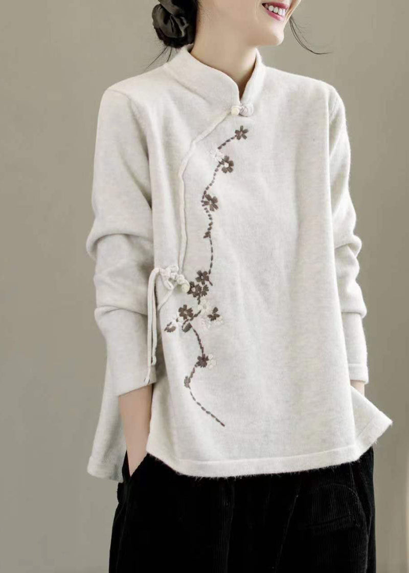 Beige Stand Collar Embroidered Chinese Style Knit Tops Spring
