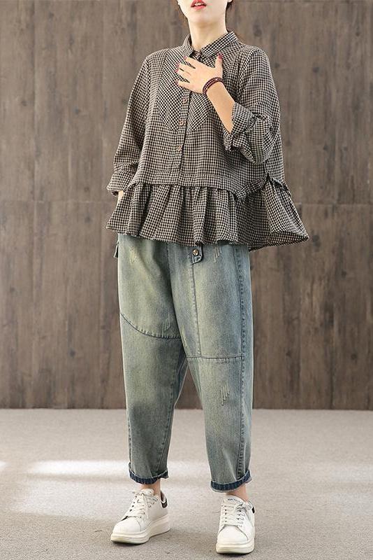 Limited Stock- Loose Plaid Ruffle Splicing Cotton Linen Shirt