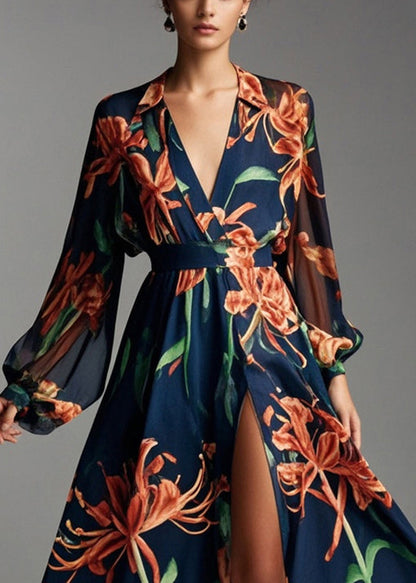 Navy V Neck Print Chiffon Beach Dresses Fall