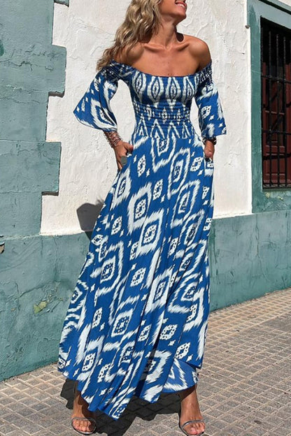 Close to the Vacation Print Smocked Off Shoulder Pocketed Maxi Dress