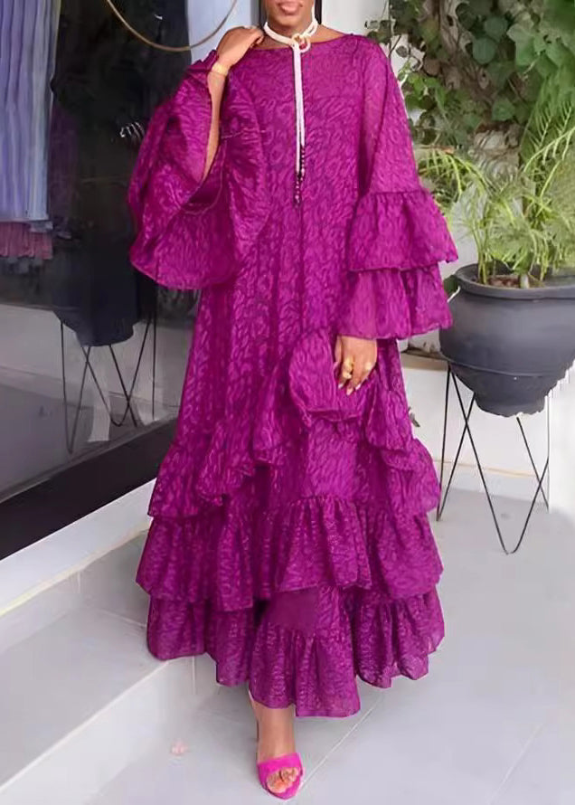 Purple Ruffled Flared Sleeve O-neck Long Dress