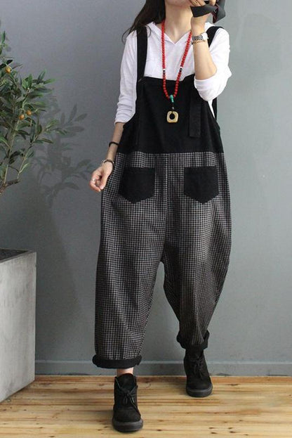Denim Cotton Plaid Stitching Overalls Dungarees Jumpsuit