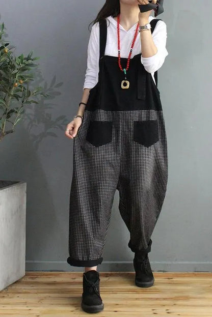 Denim Cotton Plaid Stitching Overalls Dungarees Jumpsuit