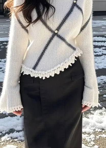 Beige O Neck Patchwork Knit Sweaters Flare Sleeve