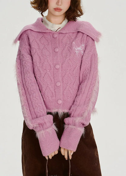Rose Sailor Collar Patchwork Faux Fur Knit Cardigan Winter