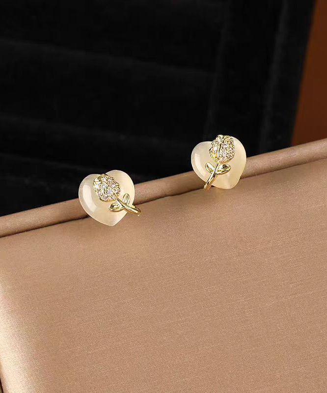 Fine Gold Copper Alloy Love Cat Eye Ston Stud Earrings