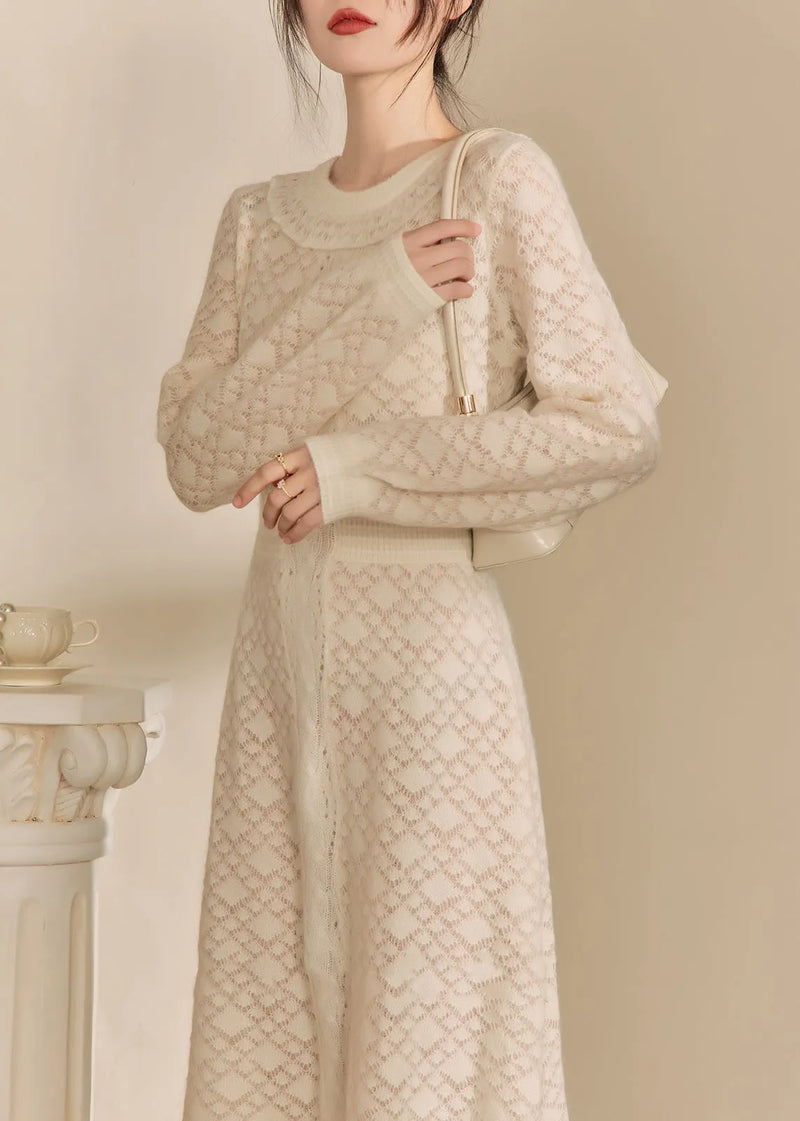 Jacquard Beige O-neck Flattering Knitted Cotton Thread Maxi Dresses Fall