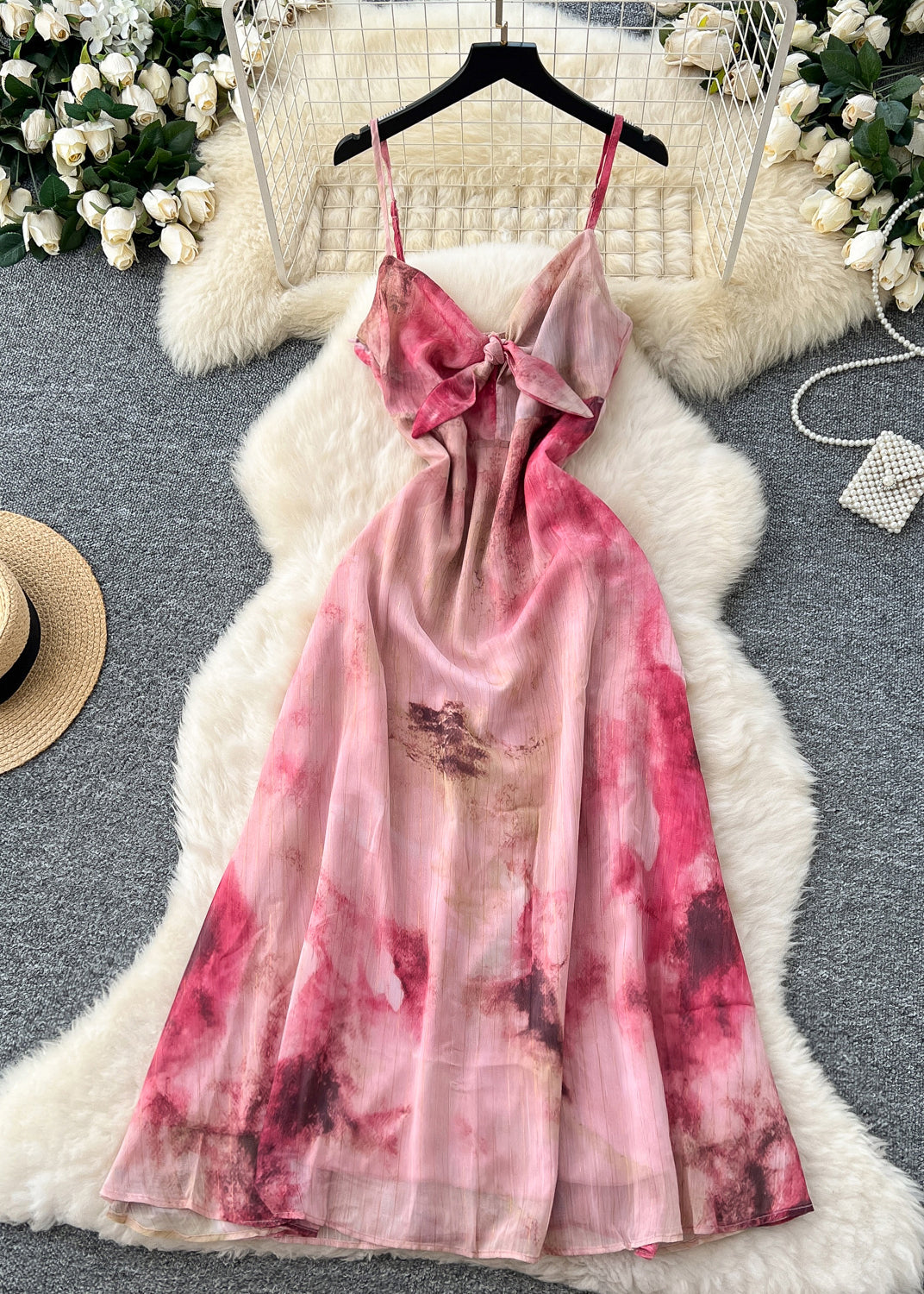 Red Tie Dye Chiffon Beach Dress Summer