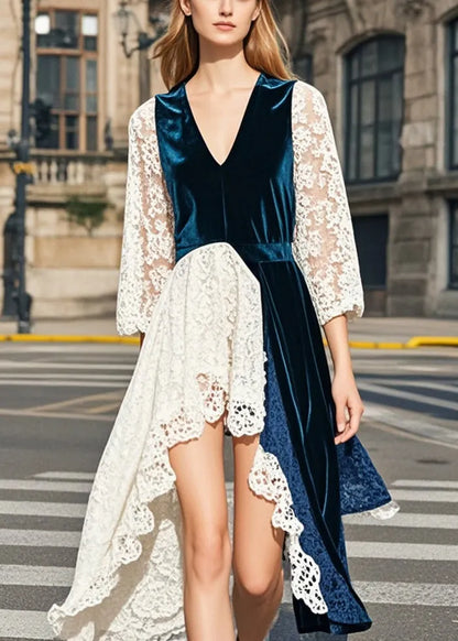 Navy Asymmetrical Lace Patchwork Silk Velvet Dresses Summer