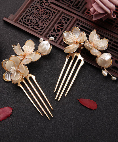 Gold a Pair Alloy Acrylic Pearl Lotus Hairpin